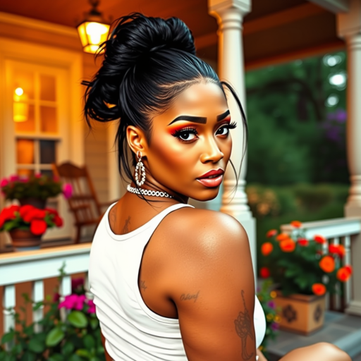 A photo of Nicki Minaj with a background of a cozy porch. She has dark hair pulled back in an updo, with tendrils framing her face. She wears a white tank top and sits on the porch. The porch is part of a well-lit home with a warm, earthy tone and colorful flowers and foliage. The overall scene has a warm, welcoming, and comfortable ambiance.