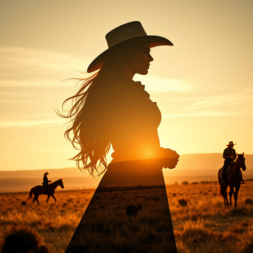"Create a Double exposure", a silhouette "profile portrait of a young cowgirl" with long hair "superimposed" against a long shot of a cowgirl riding a horse across the plains, fantastic view, 32k, cinematic, hyper-realistic.