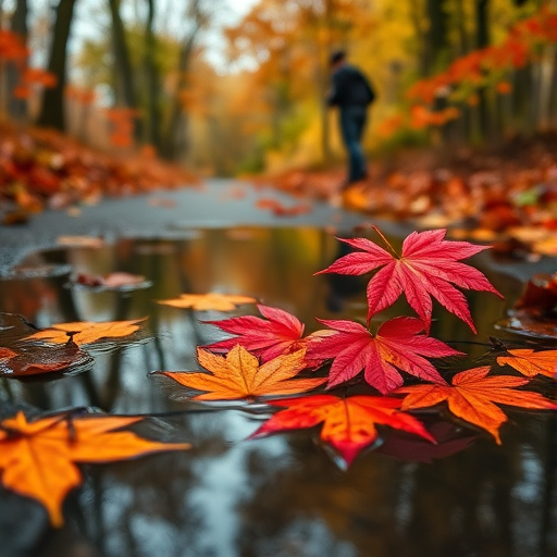 Capture a close-up of vibrant red and orange maple leaves floating on a reflective puddle alongside a forest path during autumn, using a Canon EOS R5 with a 50mm f/1.2 lens, aperture set to f/2.8, ISO 200, shot at a low angle to highlight the foreground leaves with a blurred background for depth.