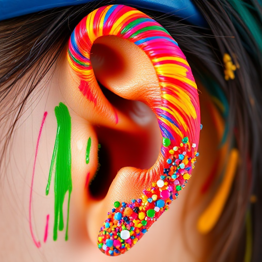 Create a vibrant and colorful abstract representation of an ear made from a multitude of tiny painted brush strokes, shot with a Canon EOS R5 at f/1.8, ISO 100, 50mm lens, in a high-resolution, macro photography style with a soft-focus background.