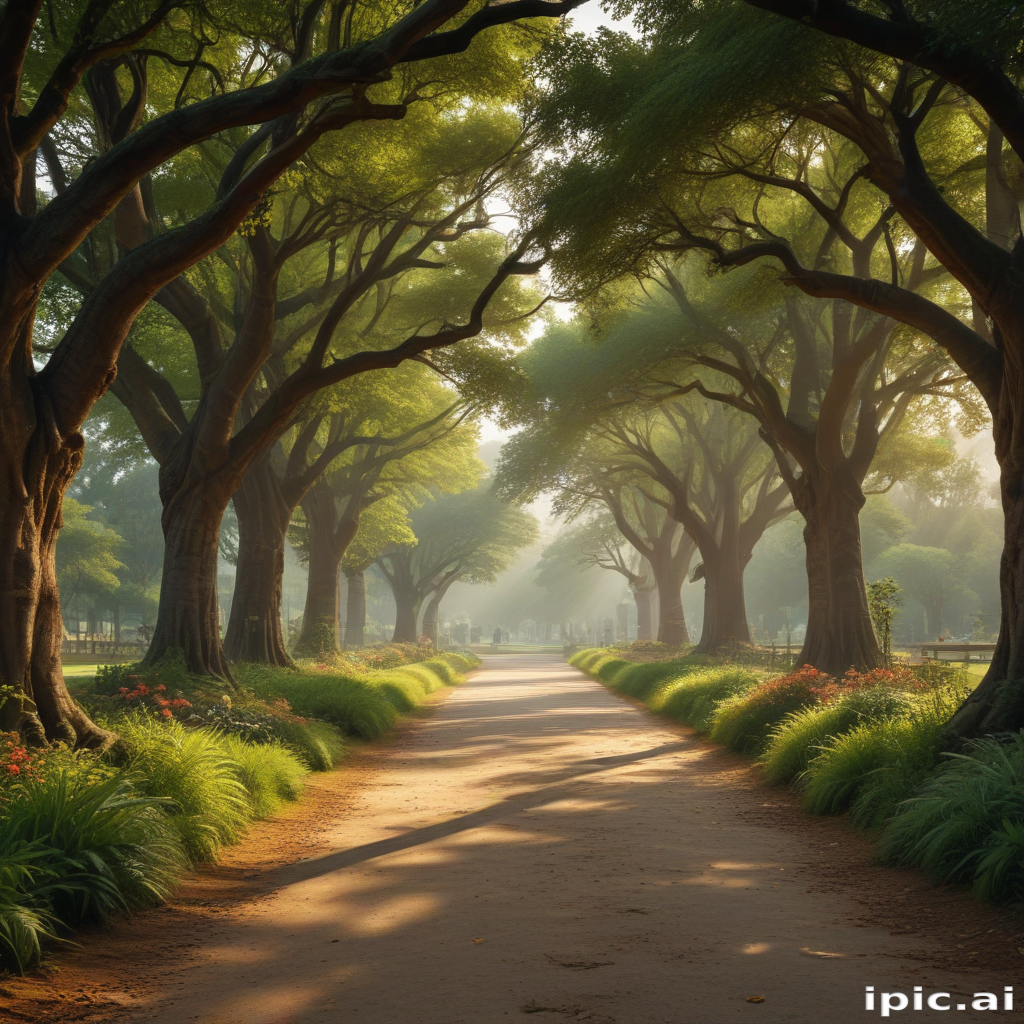 Serene Morning Stroll Through a Lush Green Tree-Lined Pathway