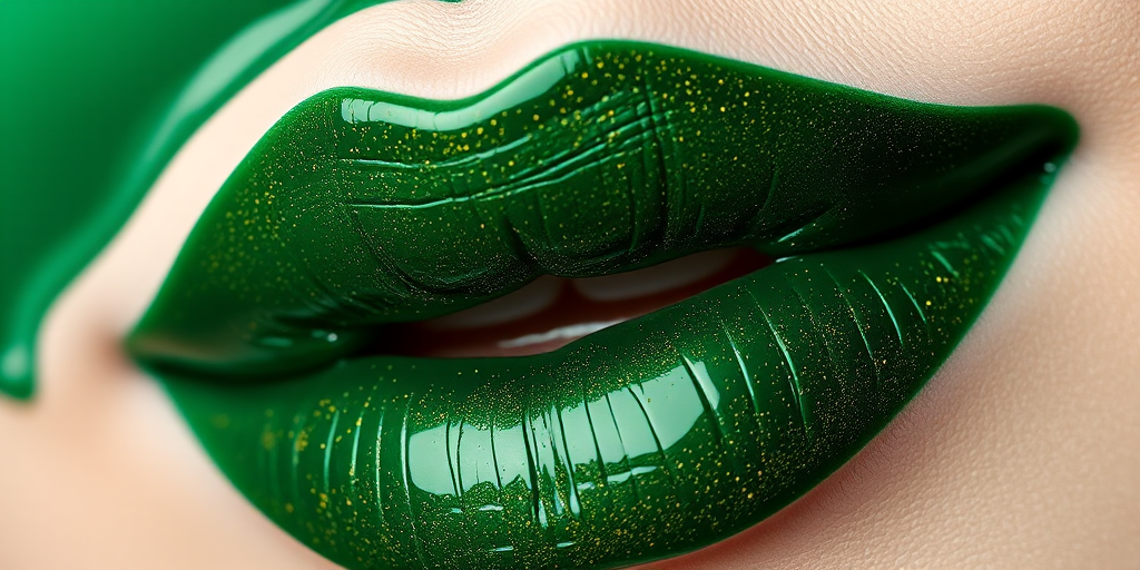 Opulent emerald green lipstick with a hint of gold shimmer, named "Malachite Majesty," featuring a creamy texture and intense pigmentation, suited for bold and daring makeup looks