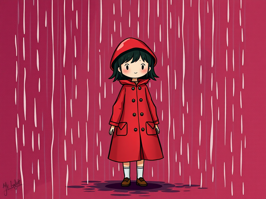 Create a whimsical illustration of a girl in a red raincoat standing in the rain, with a textured maroon background, using a digital art style, with a focus on vibrant colors and detailed line work, emulate a DSLR camera with a 50mm lens, aperture set to f/2.8, and a slightly blurred background to enhance the subject focus.