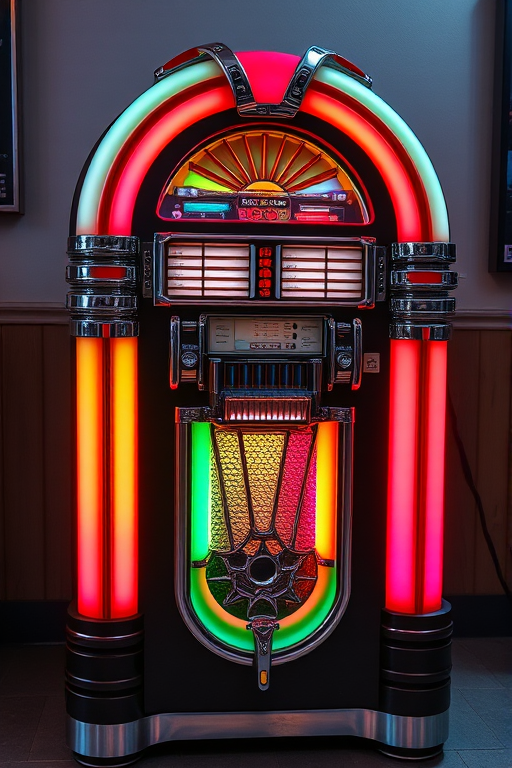 Generate an image of a vintage jukebox with vibrant colors, wide shot, high-resolution, f-stop 2.8, ISO 100, 50mm lens, soft lighting to enhance details and contrast.