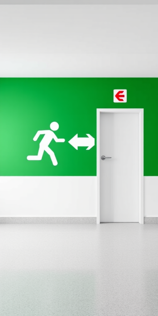 Create an emergency exit sign with a vibrant green background, a simple white figure running towards a white arrow pointing right, and a rectangular exit door on the far right, shot with a DSLR camera at f/4.5, ISO 100, 1/250 second, in a bright, well-lit environment.