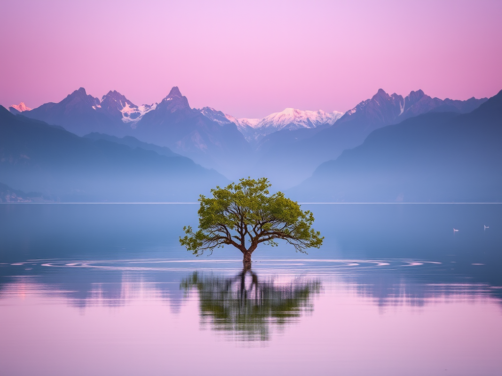 a tranquil landscape featuring a solitary tree in calm waters reflecting majestic mountains in the background under a soft purple hue, captured with a Canon EOS R5, 50mm lens, f/1.8 aperture, ISO 100, with a shallow depth of field and golden hour lighting to enhance the serene atmosphere