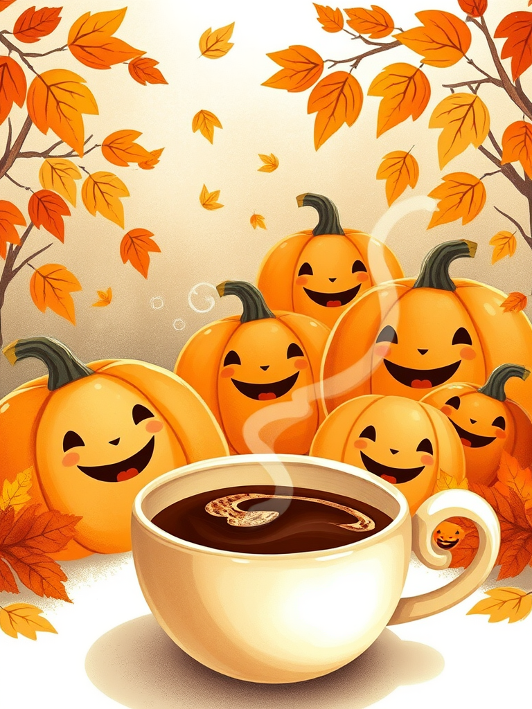 Create a whimsical illustration of smiling pumpkins surrounded by autumn leaves, with a steaming cup of coffee in the foreground, captured in warm tones and soft focus, using a DSLR camera, aperture f/2.8, ISO 100, 50mm lens, natural lighting.