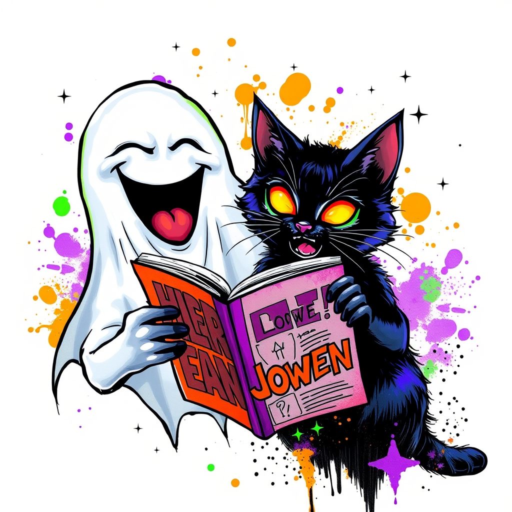 Image of a ghost and a black cat laughing exaggeratedly , and reading a comic halloween comic book, alcohol ink airbrush style, funny halloween theme, white background with neon purple, neon orange, neon green splash, black sparkles stars , dazzling BG