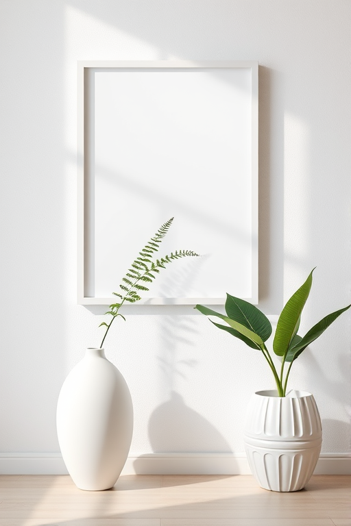 Create a minimalist interior scene featuring a white empty frame on a textured wall, a large matte white vase with a single fern leaf, and a small ribbed white planter with a green palm leaf, shot with a Canon EOS R5, 50mm lens, f/2.8 aperture, ISO 100, natural light from the left side, creating soft shadows and a clean aesthetic.