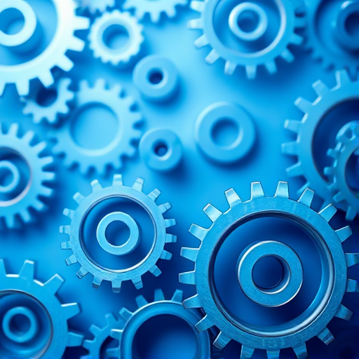 create a seamless abstract background featuring overlapping gears in various sizes with a gradient blue color scheme, using a Canon EOS R5 camera with a 50mm lens at f/1.8, ISO 100, and 1/125s shutter speed, in a macro photography style with a shallow depth of field to enhance image quality.