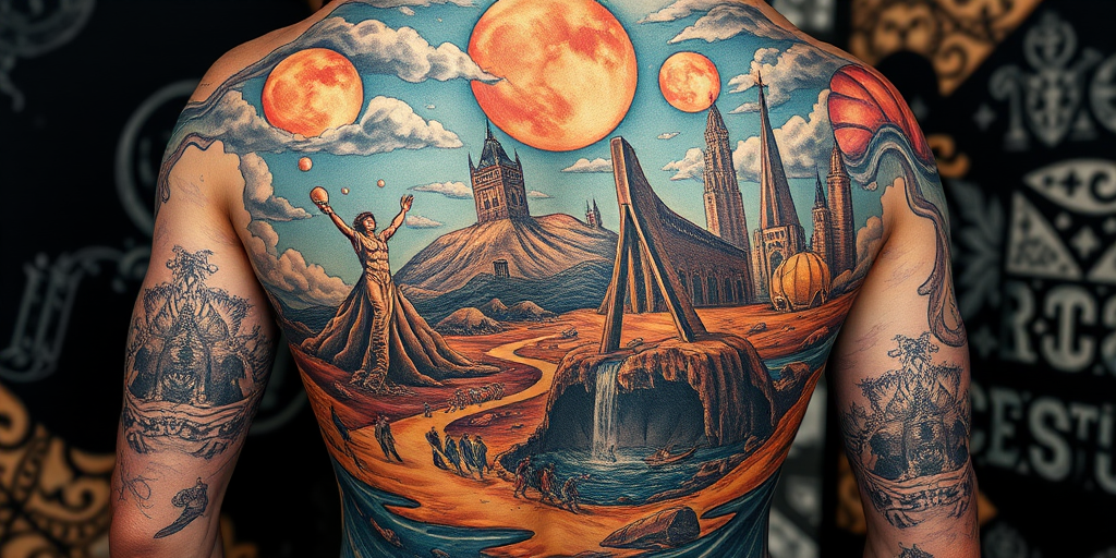Surrealist tattoo known as "Dreamscape Fusion" blending impossible scenes and distorted imagery to create a mind-bending visual narrative across the body