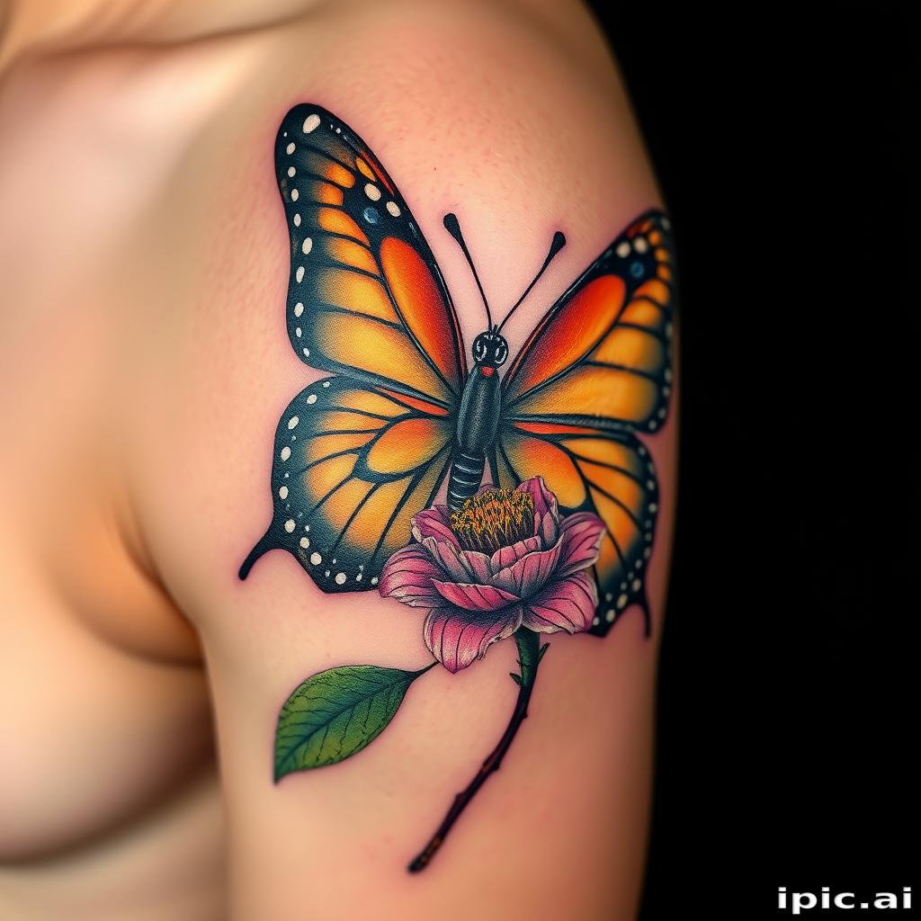 Hyper-realistic 3D tattoo titled "Living Canvas" portraying a lifelike butterfly perched on a flower, seemingly ready to take flight from the skin, with intricate details and shading creating an astonishing illusion of depth and texture