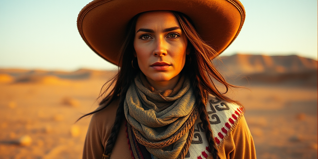 Dramatic photo of a beautiful Sami woman, classic cowboy attire, confident and free spirit expression, half-length portrait, centered, golden hour desert landscape, warm, diffused light, low angle, medium format film camera, in style of Annie Leibovitz.