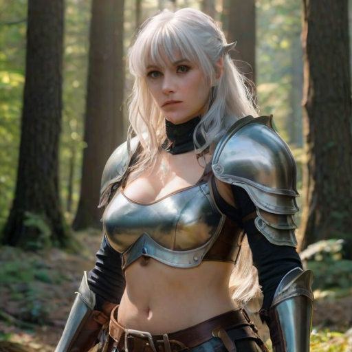 1girl, beautiful, white hair, long hair, bangs, fair skin, big breasts, leather armor, sword, forest, dappled sunlight, upper body, looking at viewer