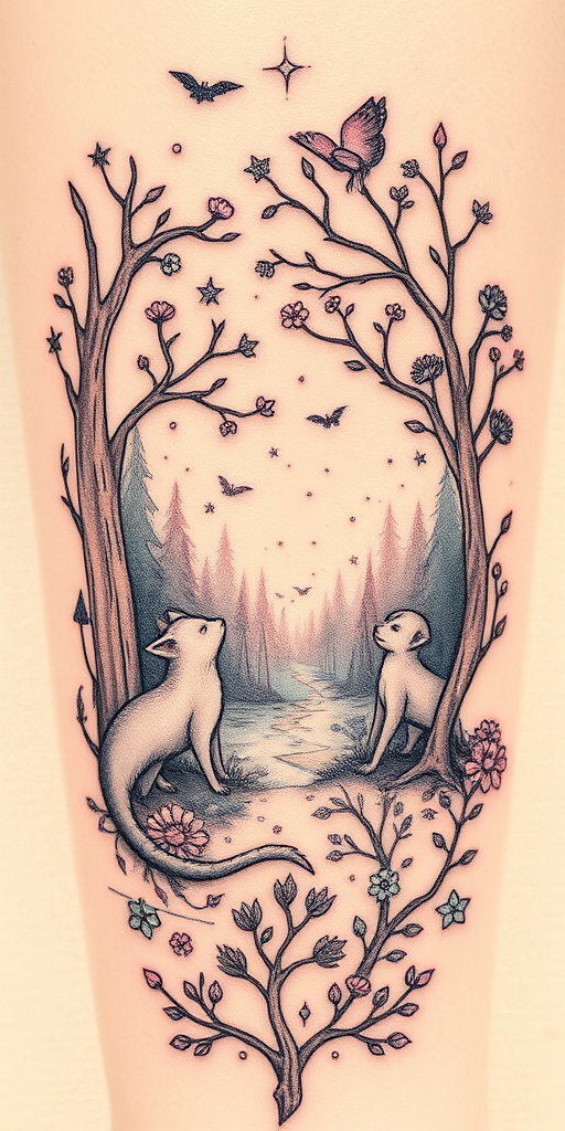 Illustrative tattoo named "Storybook Reverie" showcasing a whimsical scene with fantastical creatures enchanted forests and fairy tale elements rendered in a delicate hand-drawn style with soft shading and fine linework