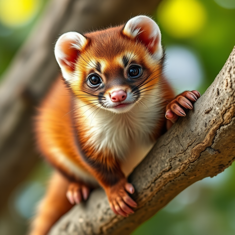 Create a detailed, high-resolution illustration of a playful marten perched on a tree branch, using a DSLR camera with a 50mm lens, f/2.8 aperture, ISO 100, and natural lighting to enhance texture and color vibrancy, in a close-up perspective to capture intricate details.
