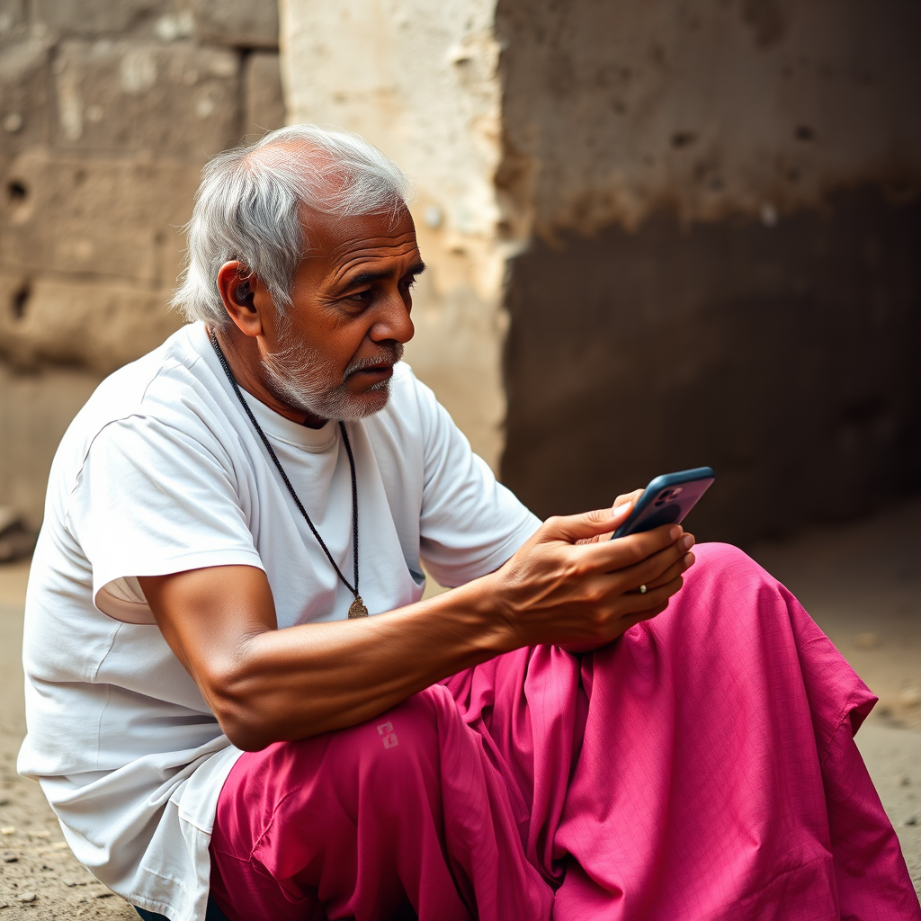 elderly man sitting on the ground using a smartphone while wearing a white t-shirt and pink lungi, natural lighting, captured with a Canon EOS R5, 50mm lens, f/1.8, ISO 100, shutter speed 1/200s, shallow depth of field, candid style