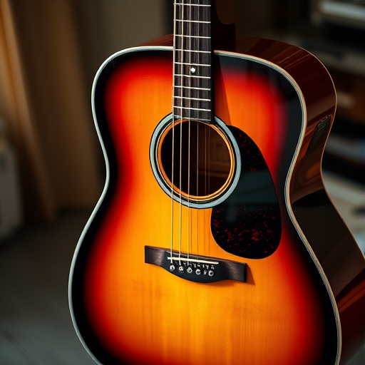 High-resolution image of an acoustic guitar with a sunburst finish, taken with a Canon EOS R5, 85mm lens, f/1.8 aperture, ISO 100, natural lighting, centered view, shallow depth of field.