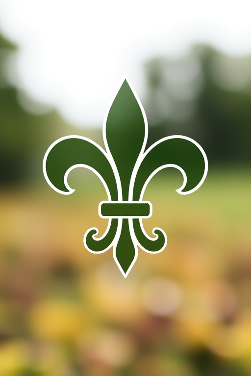 Create a high-resolution image of a stylized fleur-de-lis logo with a transparent background, captured using a DSLR camera with a 50mm lens at f/2.8, ISO 100, and a shallow depth of field for a smooth bokeh effect.