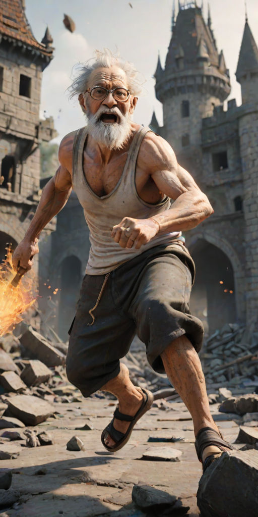 Cartoon 3D High-Resolution,dynamic battle scene using Unreal Engine 5 and Octane Render. The scene features back of an elderly, thai man with a beard,messy hair and round golden-rimmed glasses. He is wearing a tattered tank top with soot marks, shorts, and sandals. sweating. he wields a baseball bat. He jump to fight with a white fire-breathing Europe dragon amidst a partially destroyed stone castle. Include intense flames, smoke, and debris to enhance the dramatic effect.