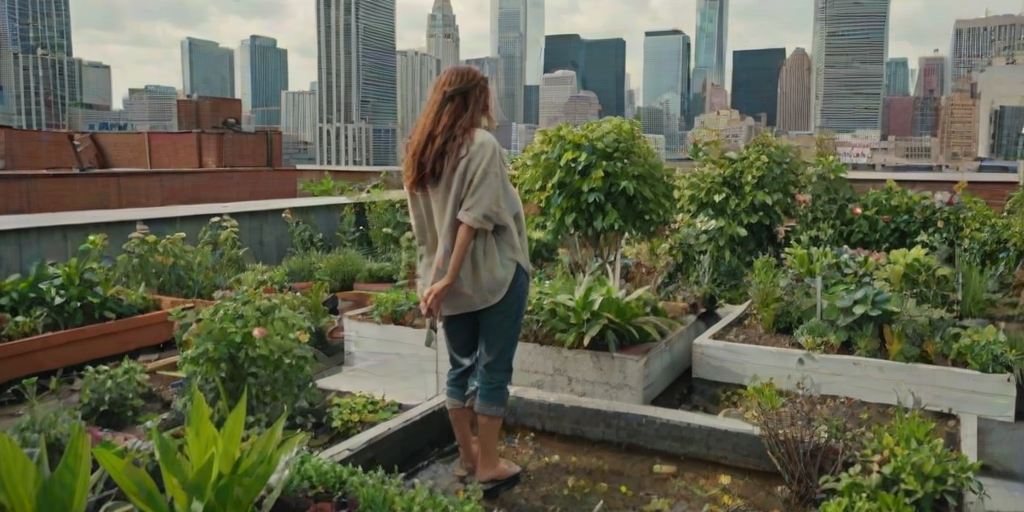 Rooftop garden in the heart of the city, skyscrapers looming in the distance as a woman waters plants, her small oasis thriving amid the urban chaos.