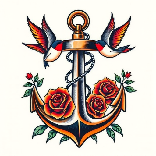 Traditional American tattoo style known as "Sailor's Delight" showcasing bold outlines and bright primary colors featuring a ship's anchor entwined with roses and swallows