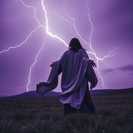 create a mystical scene of a figure with flowing garments summoning lightning in a tranquil landscape under a purple sky using a Canon EOS R5 with a 24-70mm lens, aperture f/2.8, ISO 100, 1/200 sec shutter speed, shot from a low angle to enhance perspective and depth, high dynamic range to capture vivid colors and details.