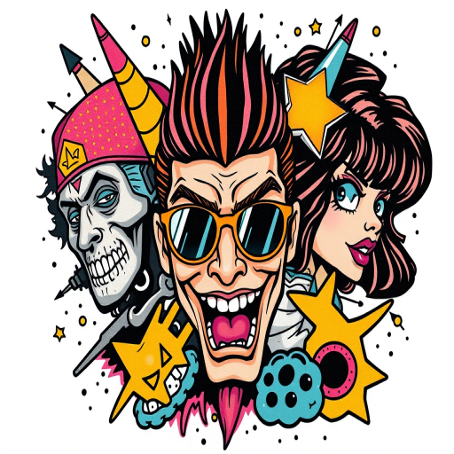 New school tattoo "Pop Culture Fusion" combining bold, cartoonish elements with exaggerated features and vibrant colors to create a playful mashup of iconic characters and symbols