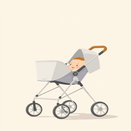 Create a minimalist illustration of a baby stroller with a cute baby peeking out, set against a light pastel background, using a soft focus lens at f/2.8, 50mm lens, natural light, and a high-resolution digital camera for enhanced clarity.