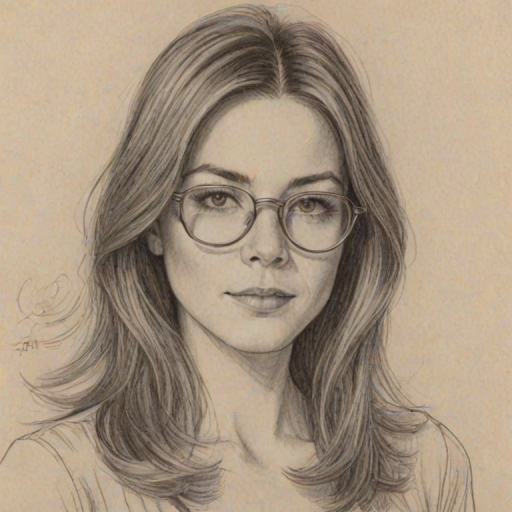 Beauteous Christa Miller, pencil sketch, portrait of Bewitching woman 1973s in glasses, hair style beatnik, outline, clear lines, fine lines, 8k