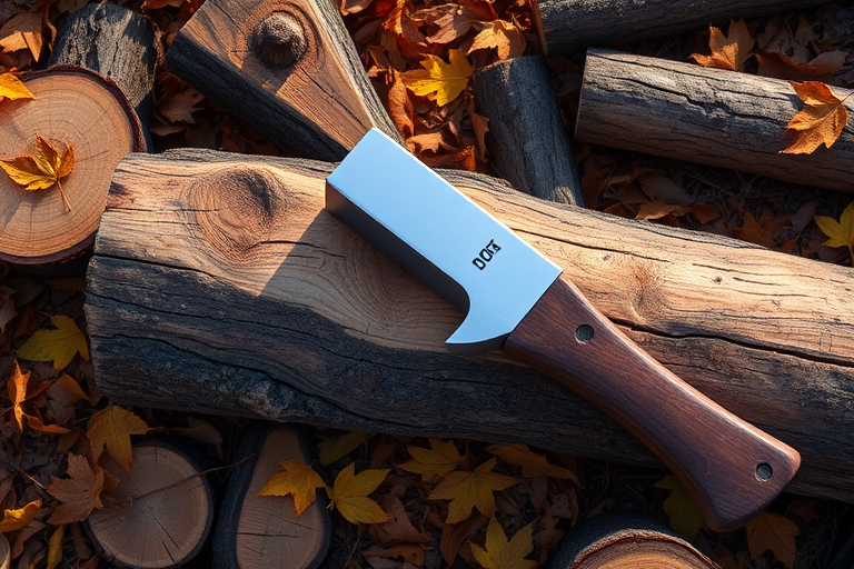 Create a high-quality digital illustration of a wooden log with an axe embedded in it, surrounded by split wood and autumn leaves, shot with a DSLR camera at f/2.8 aperture, 50mm lens, natural lighting, and in a slightly angled aerial view for depth.