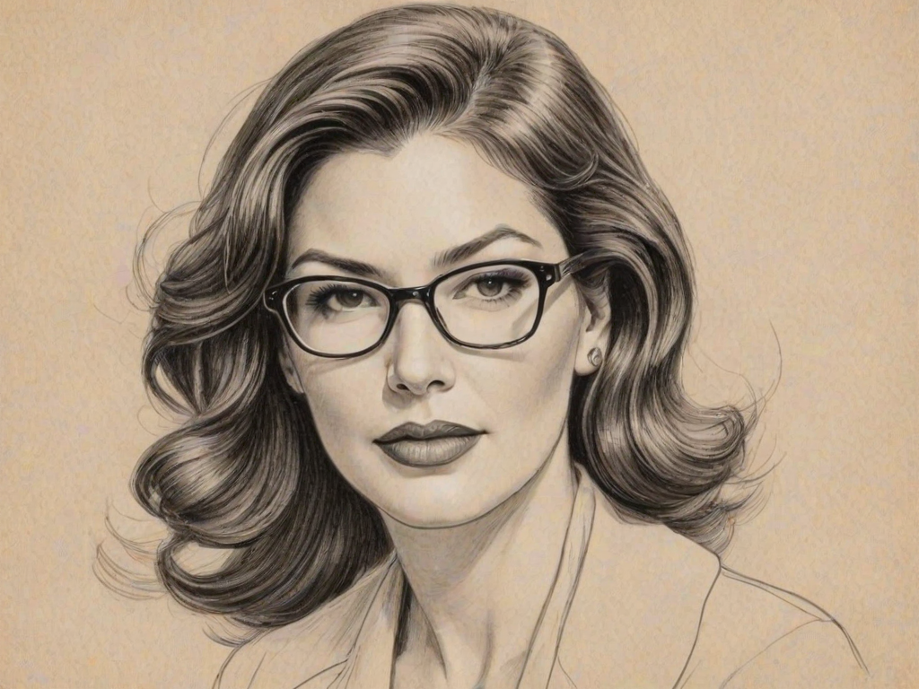 Alluring Laura Harring, pencil sketch, portrait of Splendid woman 1947s in glasses, hair style beatnik, outline, clear lines, fine lines, 8k