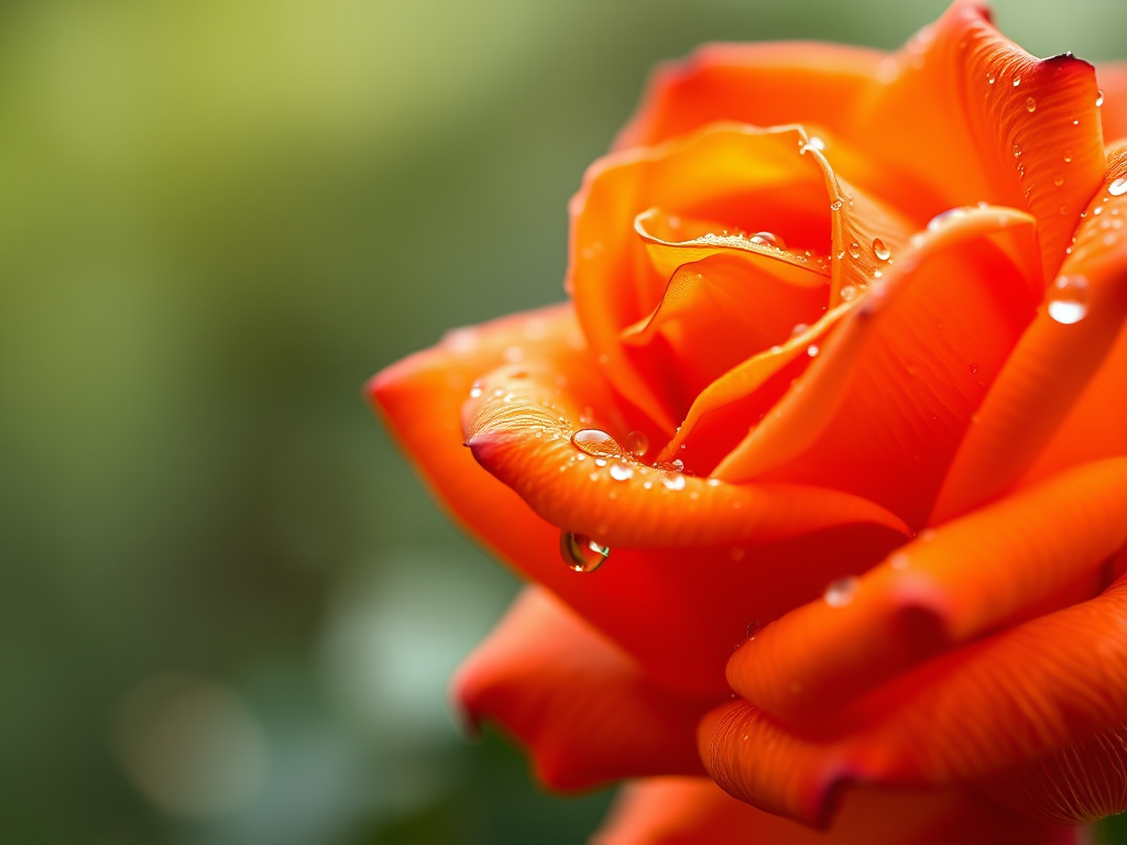 a close-up shot of an orange rose with water droplets on the petals, softly diffused background, natural daylight, 50mm lens, f/2.8, ISO 100, shallow depth of field, macro photography style, DSLR camera