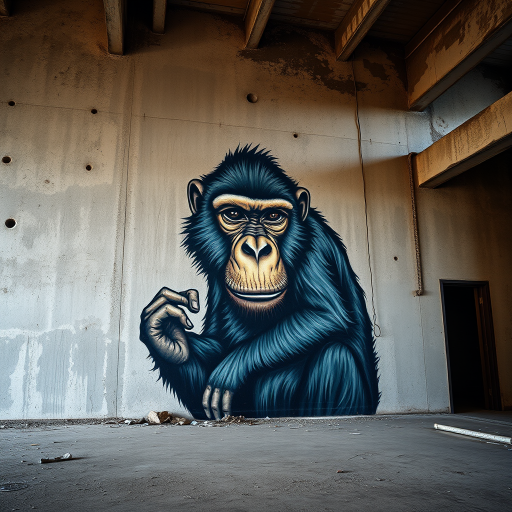 high-resolution photograph of a large, detailed mural of a monkey on a textured concrete wall inside an abandoned building, natural light, sharp focus, aperture f/8, ISO 200, 24mm wide-angle lens, taken at eye level