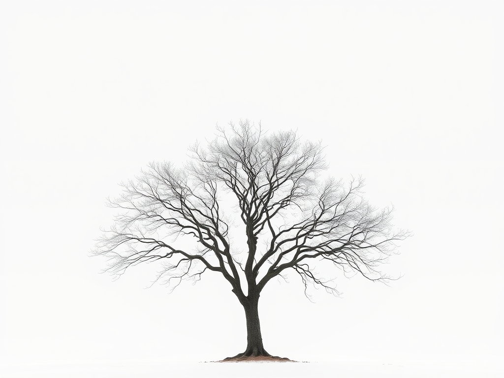 create a high-resolution image of a solitary tree with intricate branches against a soft white background, using a Canon EOS R5 camera, 50mm lens, aperture f/1.8, shutter speed 1/200s, ISO 100, in a minimalistic view.