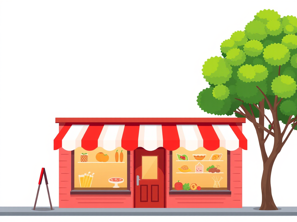 illustration of a small shop with red and white striped awning, two windows displaying food items, a green tree beside it, flat design style, high resolution, aperture f/8, ISO 100, 24mm lens, taken from eye level, DSLR camera