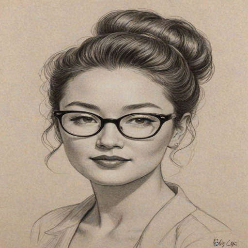 Splendid Bobby Lee, pencil sketch, portrait of Wonderful woman 1949s in glasses, hair style beatnik, outline, clear lines, fine lines, 8k