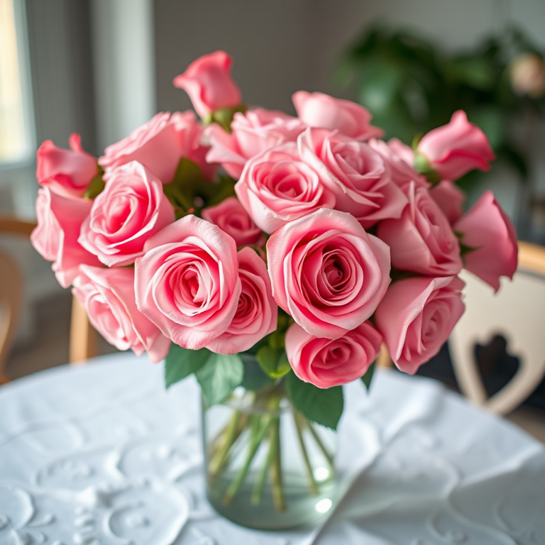 capture a bouquet of pink roses in a glass vase on a white tablecloth, soft natural lighting, shallow depth of field, 50mm lens, f/2.8 aperture, ISO 100, with a focus on the flowers and a blurred background