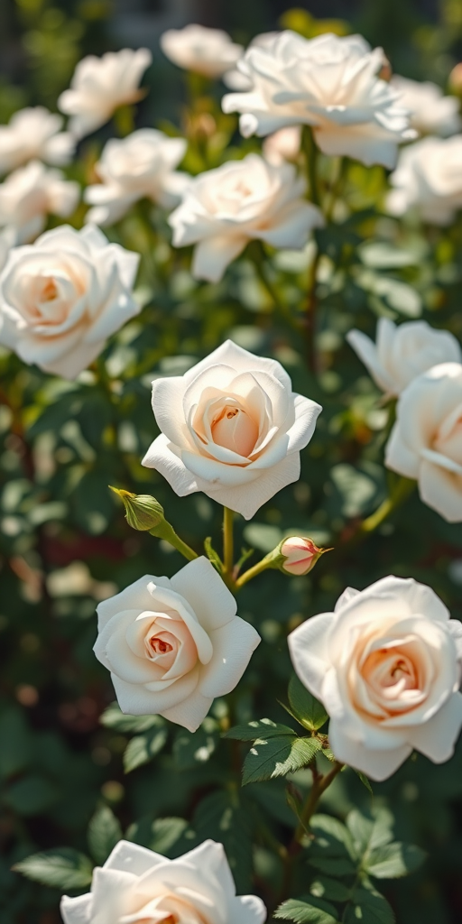Capture a vibrant garden scene of blooming white roses with soft sunlight filtering through the petals, use a 50mm lens, aperture f/2.8 for a shallow depth of field, ISO 100 for crisp detail, and a Canon EOS R camera in portrait orientation to enhance image quality.
