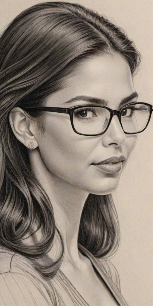 Comely Roselyn Sanchez, pencil sketch, portrait of Enchanting woman 1942s in glasses, hair style beatnik, outline, clear lines, fine lines, 8k