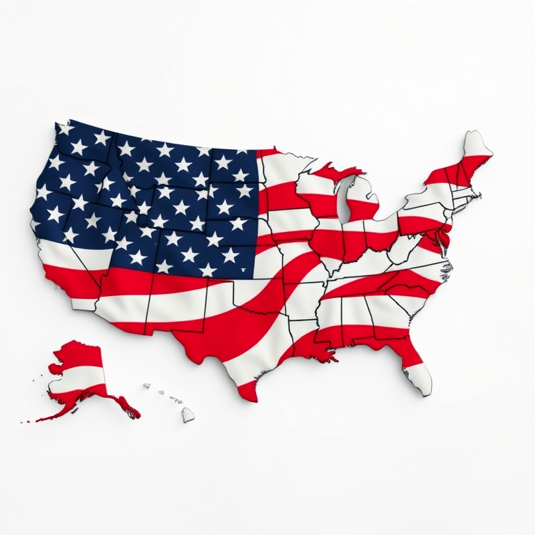 Create a high-resolution image of the United States map filled with a waving American flag pattern, captured using a DSLR camera with a 50mm lens, f/2.8 aperture, ISO 100, 1/125 shutter speed, top-down view, and a vibrant color profile for enhanced saturation.