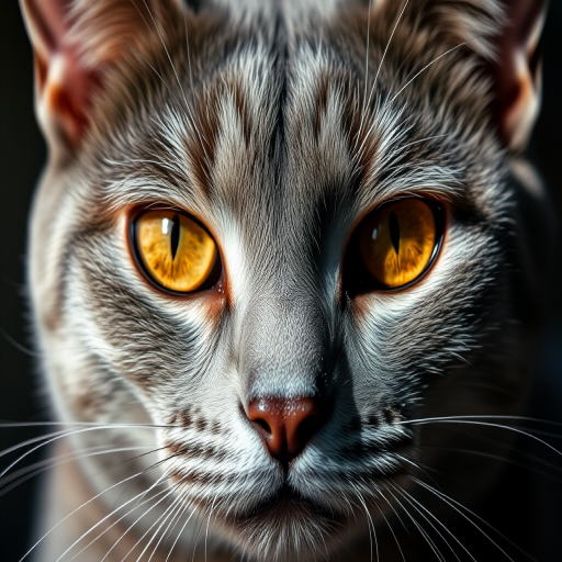 Close-up shot of a gray cat's face in low light with piercing amber eyes, captured with a DSLR camera at f/2.8 aperture, 50mm lens, ISO 100, and a shutter speed of 1/200 seconds, using natural light to enhance texture and shadows.