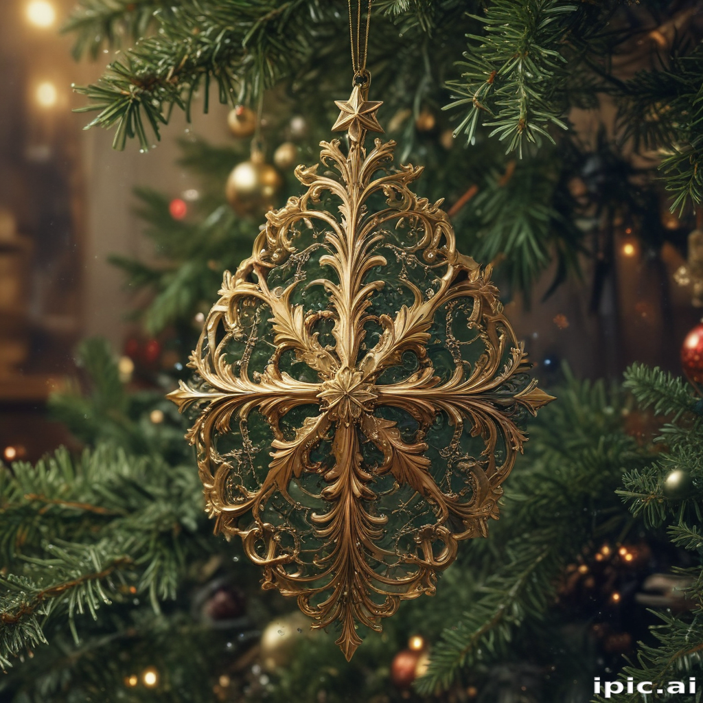Elegant Golden Christmas Ornament Hanging on a Festive Evergreen Tree