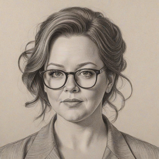 Fetching Melissa McCarthy, pencil sketch, portrait of Elegant woman 1976s in glasses, hair style beatnik, outline, clear lines, fine lines, 8k