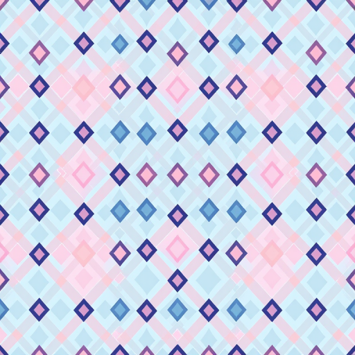 Generate a seamless pattern featuring interlocking diamonds in pastel blue and pink colors with a clean and modern design; use a Canon EOS R5, 50mm lens, f/8 aperture, 1/125 shutter speed, ISO 100, and focus on vibrant color enhancement.