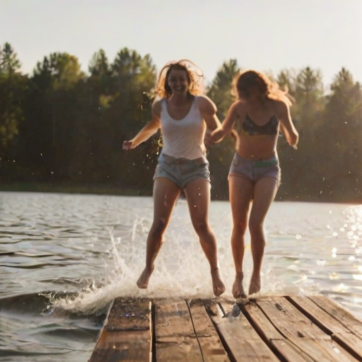 Blurry candid shot of a group of friends jumping into a lake from a wooden dock, water splashing in all directions, with soft sunlight reflecting off the surface.