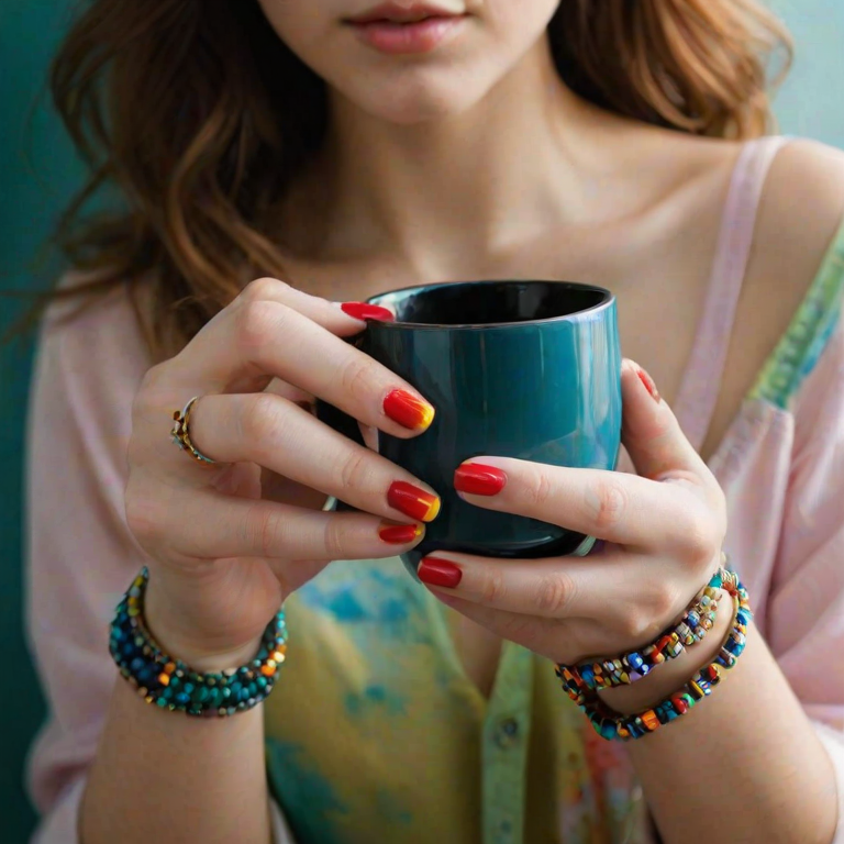 detailed edges, detailed image, perfection style, A cinematic detailed image of a woman with colorful nails holding a cup in front of camera, movie themed, sharp, detailed background, epic cinematic photography, artistic style, dramatic light style, cinematic color style, Kodak 35mm film style, detailed style, hand focus style, 1girl, solo, holding, jewelry, nail polish, blurry, bracelet, fingernails, depth of field, blurry background, red nails, close-up, blue nails, green nails, yellow nails, multicolored nails, nail art, pink nails, realistic, long sleeves, black shirt, beads, bead bracelet, photorealistic, hand focus