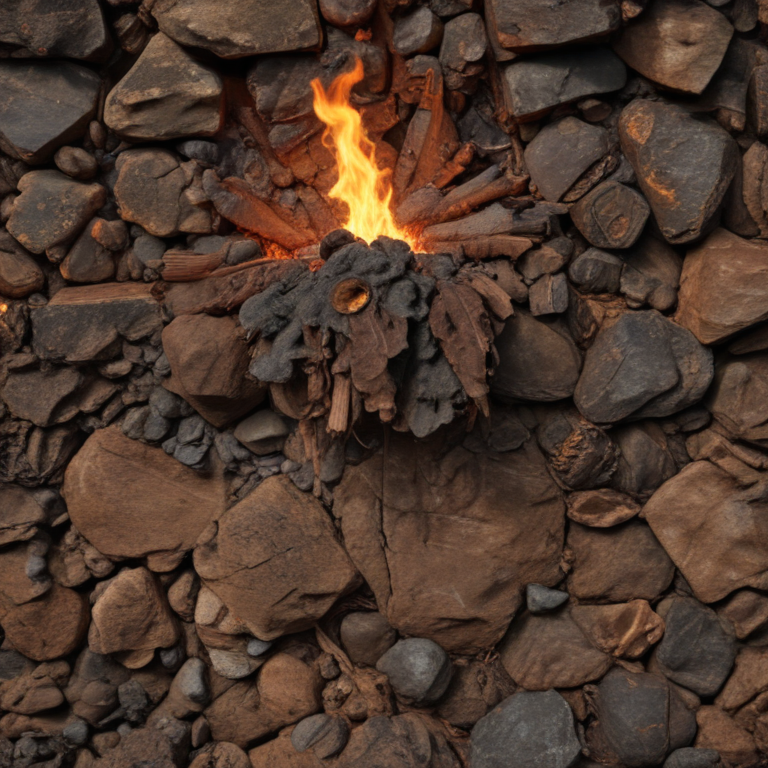 Vibrant Flame Erupting from a Bed of Rough Stones and Rocks