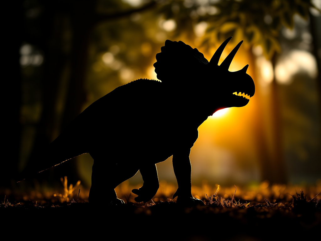 Create a highly detailed silhouette of a dinosaur, focusing on a triceratops, using a DSLR camera with a 50mm lens, f/2.8 aperture, ISO 100, shot in natural light from a low angle to enhance depth and detail.