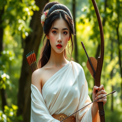 Create a portrait of a goddess-like Japanese girl figure in a tranquil, forested environment. She has an elegant appearance with long, wavy hair styled in an updo and adorned with a delicate, floral headband. She wears a flowing, ancient Greek-inspired gown in a soft, pale color, featuring a one-shoulder design and draped fabric that accentuates her graceful form. The outfit includes a decorative belt with ornate gold detailing, and she holds a bow in her hand, with a quiver of arrows slung over her shoulder. The background depicts lush greenery, with sunlight filtering through the trees, casting a gentle, ethereal light on the scene. Her expression is calm and contemplative, embodying a sense of wisdom and serenity.